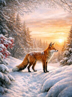 8x10 Winter Fox Sunrise Art Print Snow Forest Wildlife Wall Decor